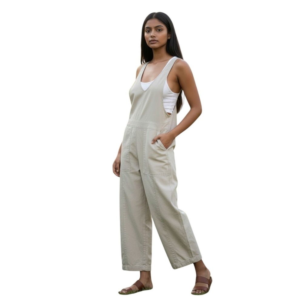 We The Free People Beige Cotton Utility Overalls Boho Gorpcore Patch Pockets S